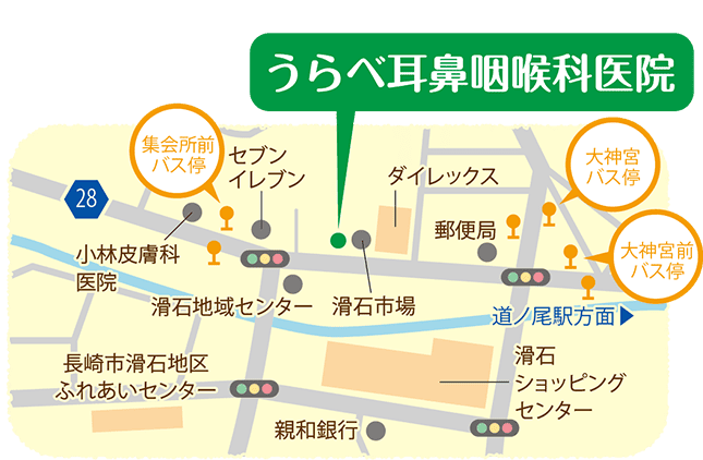 滑石市場の隣にある、うらべ耳鼻咽喉科医院のアクセスマップ。近隣には集会所前バス停や郵便局があります。
